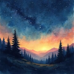 Wall Mural - ai generated watercolor painting of magical night sky, mountains, forest. starry midnight nature sce
