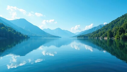  Serene blue lake, tranquil surface reflecting sky, scene, pond, relaxing