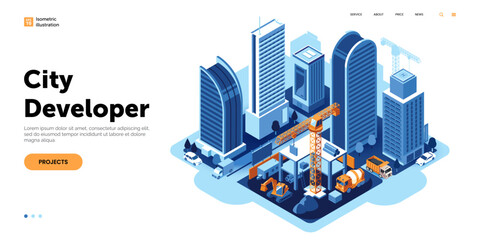 Vector illustration of city development in isometric view. Construction equipment erects a new building in the middle of the city. Ideal for real estate developer web page, infographic, promo.