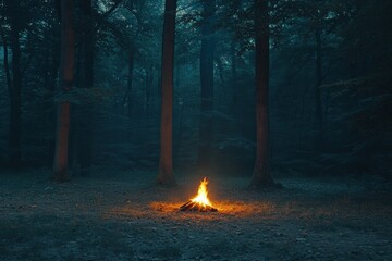 Aufkleber - Solitary campfire illuminating a forest clearing at night with flickering light among the trees Generative AI