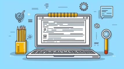 Pixel Art Laptop with Code, Pencils, and Programming Icons on Blue Background