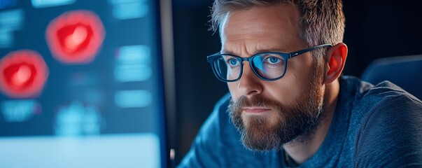 Focused Man Analyzing Data on Computer Screen
