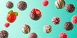 © Антон Федченко - Floating chocolate truffles with fruit fillings on a vibrant seafoam green background