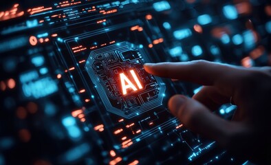 Aufkleber - Engineer launching artificial intelligence on futuristic touchscreen interface