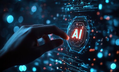 Aufkleber - Hand touching glowing ai icon on digital screen with data and technology elements