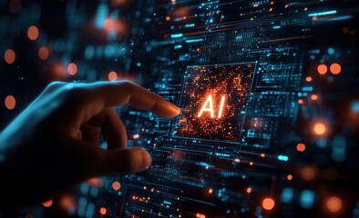 Aufkleber - Hand touching glowing ai icon on digital screen with data and technology elements