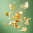 © Khayseng - A solid green background with a lot of crispy sour cream and onion-flavored potato chips and sour cream and onion powder particles flying up from the bottom, as if they are floating or being tossed