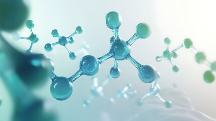 A 3D visualization of biomolecules in a fluid environment, with molecules floating in motion through a liquid medium. 
