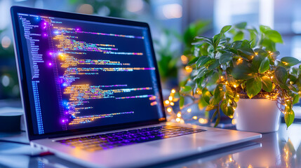 Laptop displaying colorful code, plant, lights.