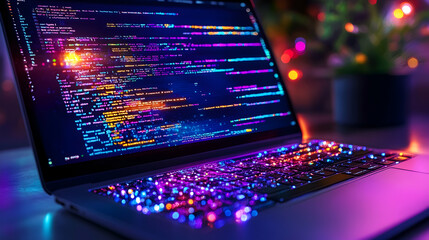 Laptop displaying colorful code at night.