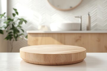 Poster - Empty round wooden podium displaying products on table in modern bathroom