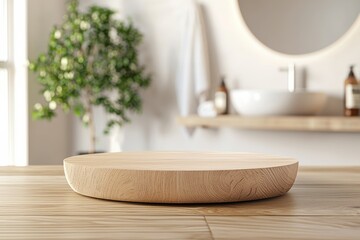Poster - Empty round wooden podium displaying products in modern bathroom