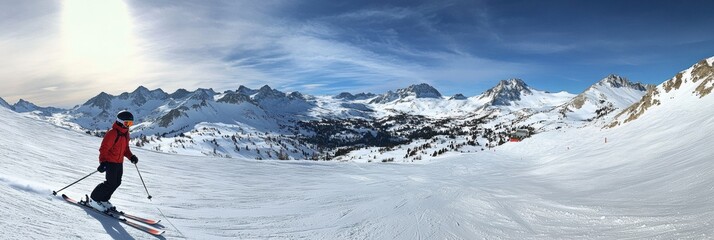 Poster - Skier navigating a snowy descent with stunning mountain peaks in the background during a clear winter day Generative AI