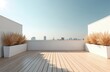 Empty rooftop terrace overlooks city skyline on sunny day. Minimalist design with potted pampas grass. Modern apartment space comfort, stylish outdoor living. Residential building with open-air
