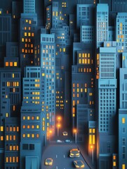 Fototapete - Layered paper art displays a modern city skyline with illuminated windows and minimalist design elements