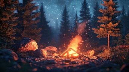 Wall Mural - a fire is burning in a forest with a few trees in the background