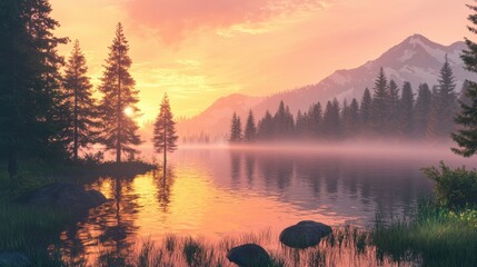 Wall Mural - a serene and peaceful scene of a lake surrounded by trees with a beautiful sunse