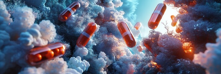 Poster - Surreal landscape of pill structures illuminated by dreamlike light in a fantasy realism setting Generative AI