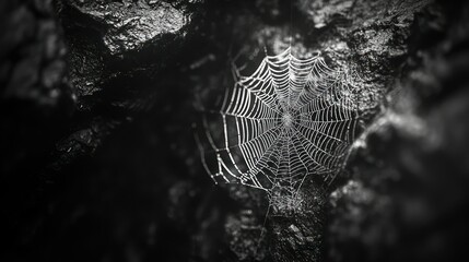 Dew-kissed spiderweb in dark cave