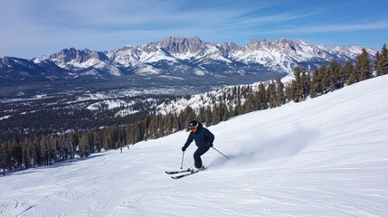 Poster - Skier navigates snowy slope against stunning mountain backdrop in clear blue sky Generative AI