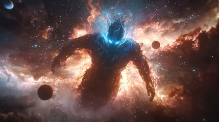 Wall Mural - a giant alien is standing in a space filled with planets and stars