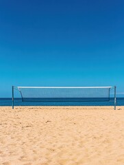 Poster - Serene beach volleyball court framed by golden sand and deep blue ocean under a clear sky Generative AI