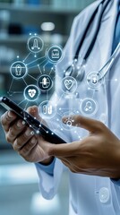Hand holds a smartphone featuring medical icons against a blurred backdrop of a hospital emphasizing digital health solutions