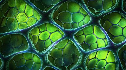 Wall Mural - an abstract science image of green plant cells, showcasing a grid-like arrangement of hexagonal stru