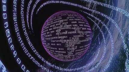 digital orb surrounded by a web of neon binary code strands, signifying the connectivity and constant data exchange in modern technology. digital orb, neon binary, web, connectivity, data exchange, 