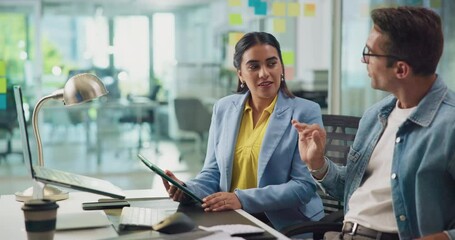 Poster - Collaboration, graphic design and tablet with business people in office together for discussion or planning. App, conversation or teamwork with man and woman employee at work for digital solution