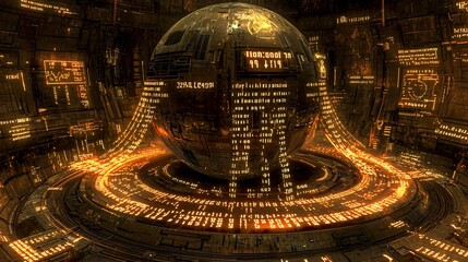 metallic orb with binary numbers cascading down around it, set against a backdrop of glowing digital lines, representing the integration of technology and data. metallic orb, binary numbers, 