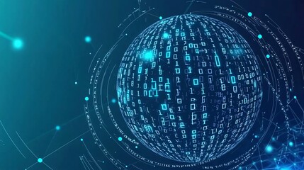 sphere with binary numbers swirling around it, set against a gradient of blue and black, representing the dynamic nature of digital information. binary numbers, swirling, blue and black gradient, 