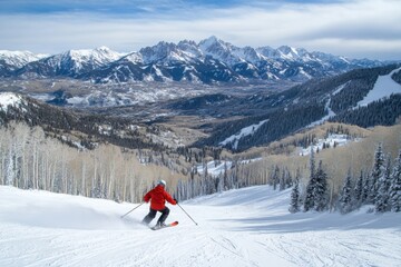 Poster - Skier navigating powdery slopes in a stunning winter landscape with majestic snow covered peaks Generative AI