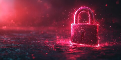 Wall Mural - shimmering digital lock in neon colors illuminating the dark cyber landscape at twilight