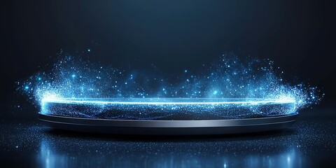 Wall Mural - dynamic blue sparkling platform with glowing particles on a dark background