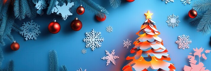 Aufkleber - Festive Christmas paper cutout featuring warm glowing tree and decorative ornaments celebrating holiday spirit Generative AI