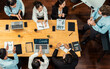 © InfiniteFlow - Panorama top view diverse group of business analyst team analyzing financial data report paper on meeting table. Chart and graph dashboard by business intelligence analysis. Meticulous