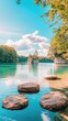 © Iswanto - Lakeside rocks, serene lake, lush forest background, tranquil scene, perfect for nature wallpaper