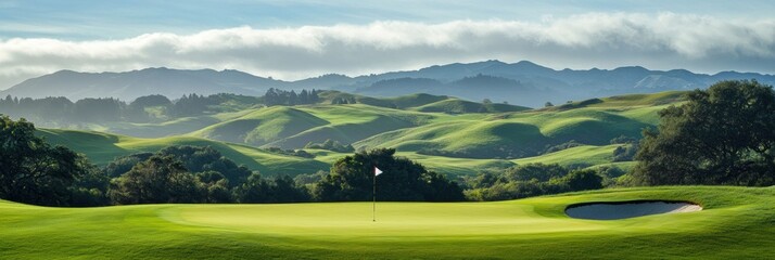 Poster - Serene golf course amidst rolling green hills with a flag at the hole for an inviting game Generative AI