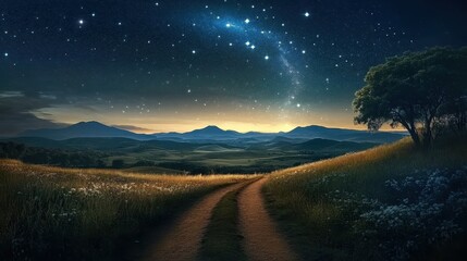 Wall Mural - Captivating rural scenery illuminated by moonlight, highlighting a winding path.