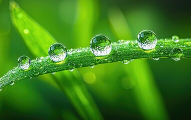 Wall Mural - Crystal Clear Dew Drops On A Fresh Green Stem