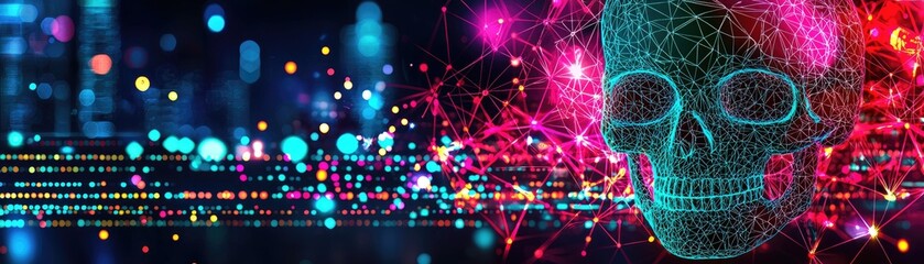 Digital skull over a neon cityscape for cybersecurity, tech use