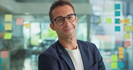 Aufkleber - Happy, business and man with face in office for ambition, finance consultant and company growth. Portrait, person and laughing with confidence, about us and asset management for financial investment