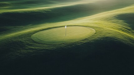 Poster - Serene golf course with a flag marking the hole and rolling green hills offers a relaxing escape in natures beauty Generative AI