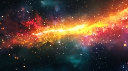 Poster - Bright beam of light breaks through darkness with vibrant color sparks in a cosmic setting Generative AI