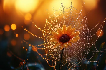 Dew-kissed flower trapped in glistening web
