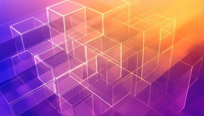 Leinwandbilder - futuristic glowing wireframe cubes in a digital abstract geometric space with a gradient of purple and orange light

