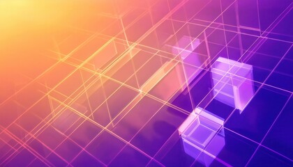 Poster - futuristic glowing wireframe cubes in a digital abstract geometric space with a gradient of purple and orange light

