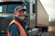 © Vadym - Portrait of senior truck driver in orange safety vest stands near semi-truck. Mature male truck driver wearing cap smiles. Trucking industry, transportation, logistic business, road safety, vehicle