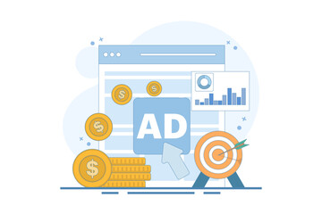 pay per click concept. online advertising where advertisers pay each time their ads are clicked. click to earn money. computer monitor with cursor, coins and debit card. flat illustration.